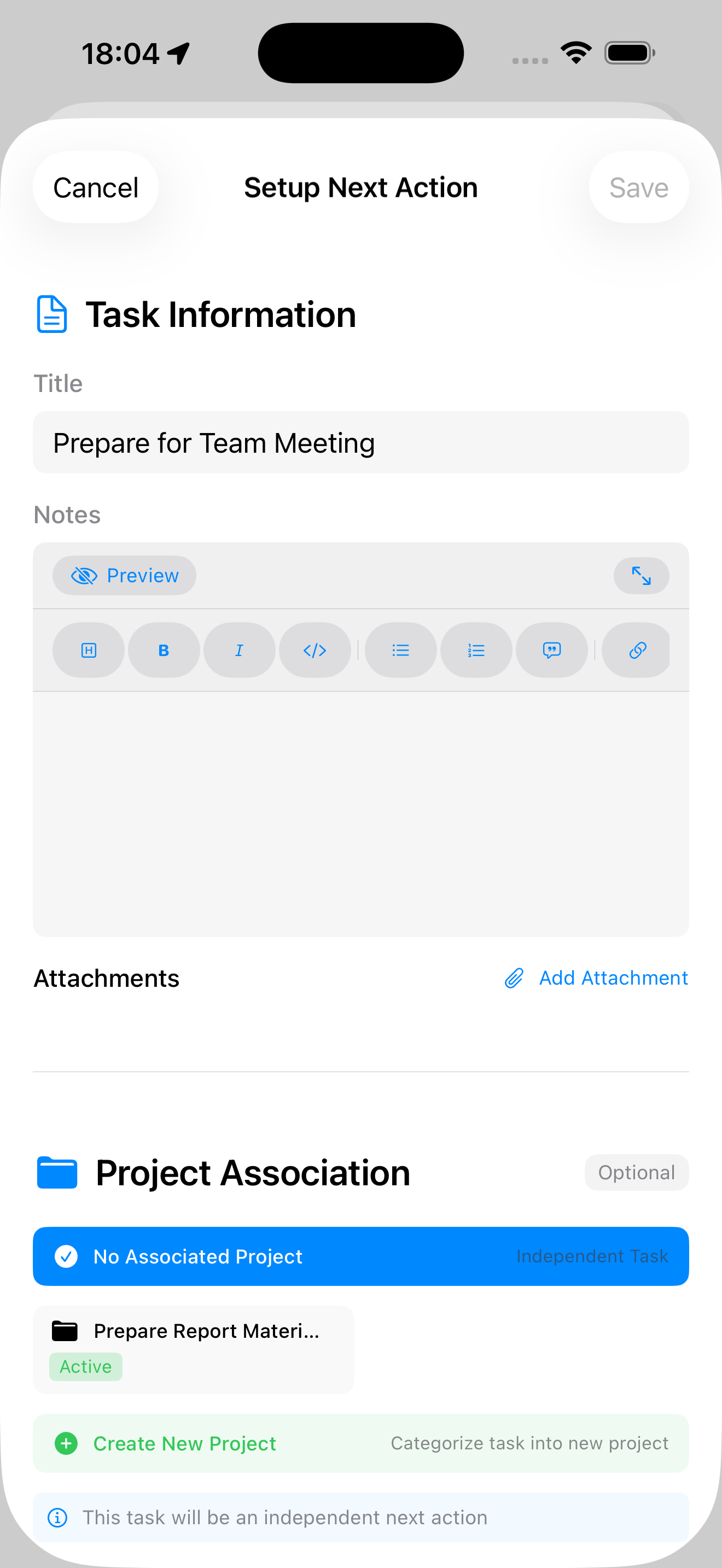 Next Action with Markdown Editor